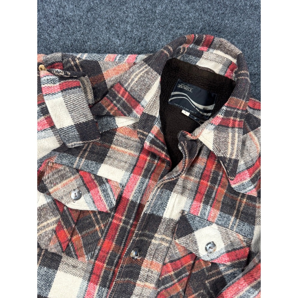 VTG Montgomery Ward Sherpa Lined Plaid Flannel Shirt Jacket Mens Large CPO Wool
